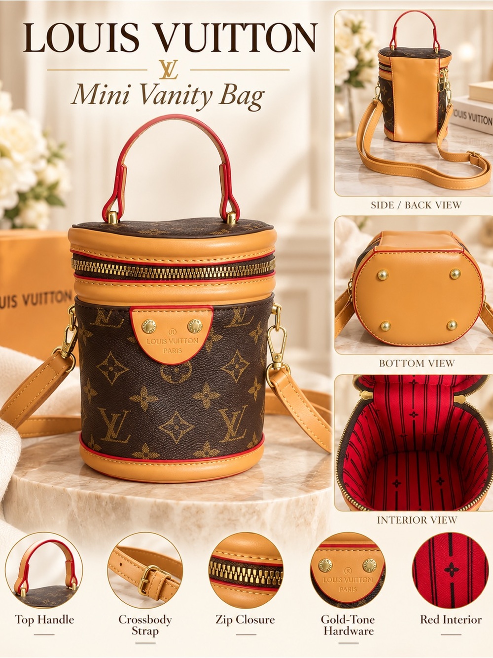 Brown Monogram Small Round Vanity Bag with Tan Trim